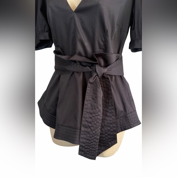 Veronica Beard Size 6 Cotton Spandex Black Belted Blouse V- Neck Puff Sleeve NEW - Picture 4 of 16